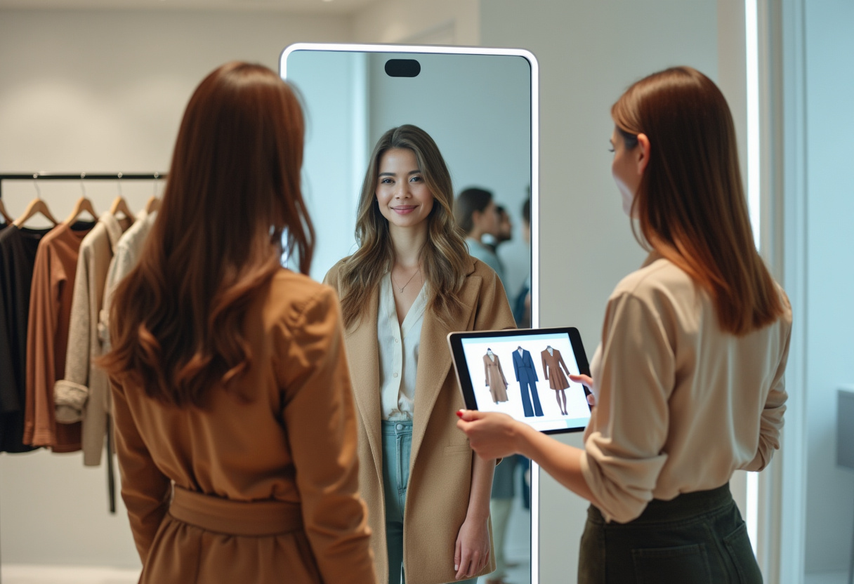 Eine interaktive Einkaufssituation in der Zukunft. Über einen Magic-Mirror können unterschiedliche Modell im stationären Einzelhandel virtuell probiert werden.