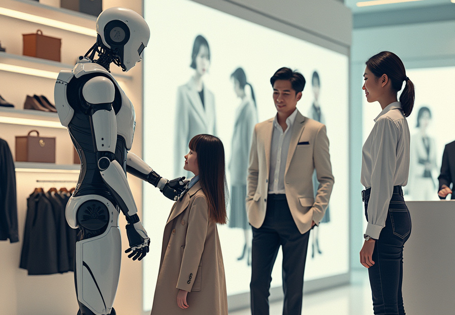 Eine KI-basierte Einkaufssituation in der Zukunft. KI-Roboter beraten im stationären Einzelhandel.